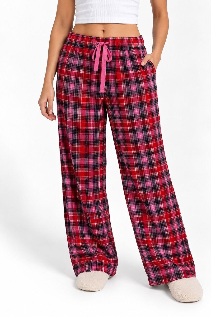 Crown & Ivy Red Pink Plaid Flannel Pajama Pants Drawstring Wide Leg Size Medium